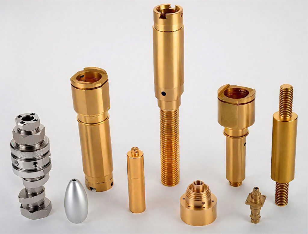 An assortment of small, precision-turned parts made from brass and steel on a Swiss-type CNC machine.