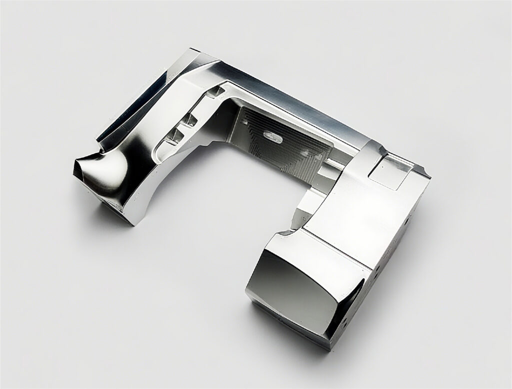 A custom-machined part with a high-gloss, chrome-plated surface finish, a post-machining process for aesthetic and protective applications.