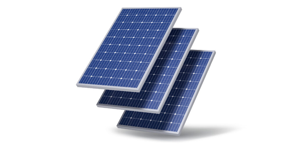Stack of photovoltaic solar panels, which are large semiconductor devices made from silicon that convert sunlight directly into electricity.