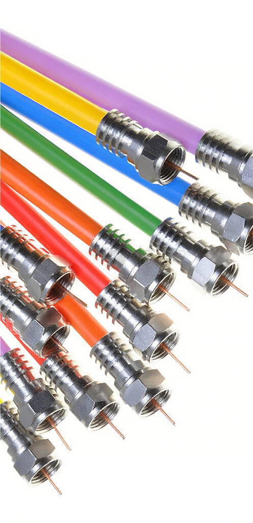 A bundle of colorful coaxial cables used to transmit high-frequency signals generated and received by semiconductor-based devices like modems and tuners.