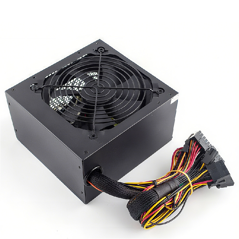 A computer power supply unit (PSU) which relies on semiconductor components like diodes and transistors for power conversion and regulation.