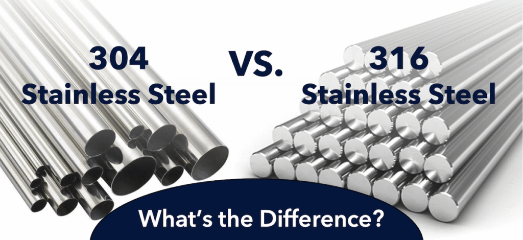 An image comparing steel and stainless steel, showing a steel pipe on the left and a stainless steel rod on the right. Text on the image reads 'VS.' and 'What's the difference?'