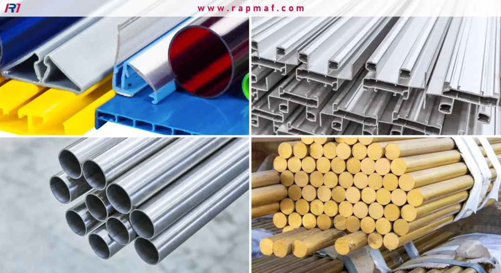 Everyday examples of extruded aluminum parts, demonstrating the process's use in electronics (heatsink), construction (window frame), furniture (chair base), and framing systems.