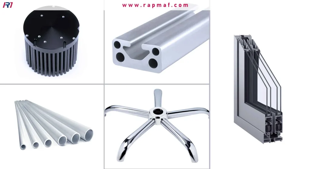 An assortment of common industrial materials shaped into profiles, highlighting the versatility of processes like extrusion for aluminum, plastic, brass, and steel.