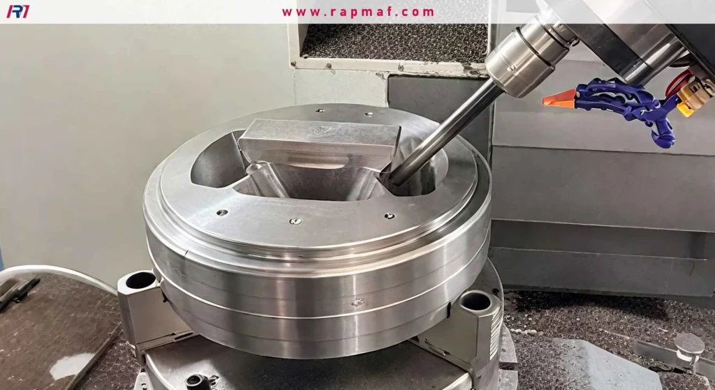 The manufacturing process of a precision extrusion die, where a CNC milling machine carves the intricate profile shape into a hardened steel block.