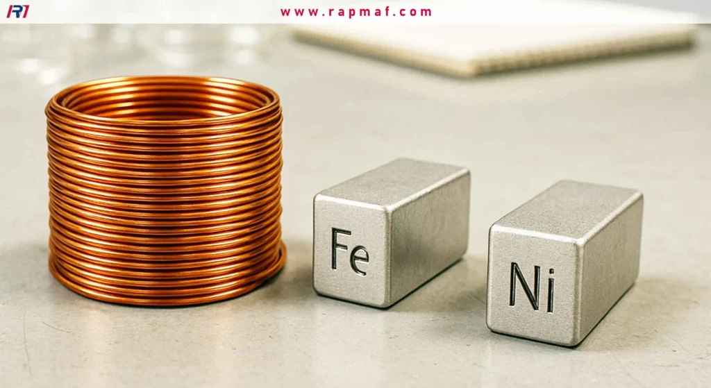This image provides a clear visual contrast between copper and metals that are strongly magnetic. 