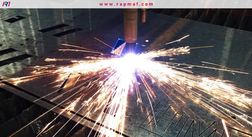 A CNC plasma or laser cutter in action, slicing through a sheet of metal and creating an explosion of bright sparks.