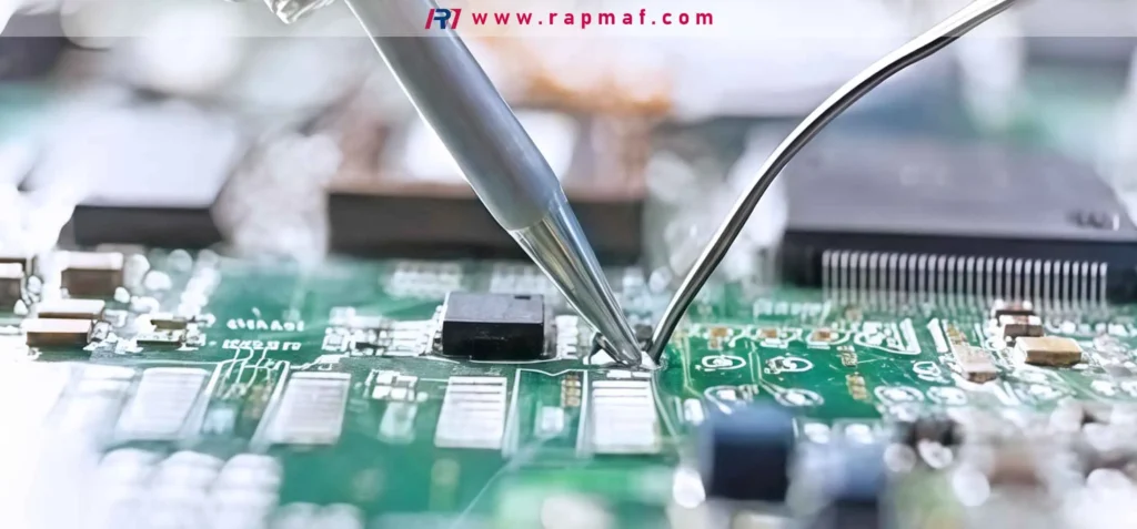 A macro photograph of precision soldering on a green printed circuit board (PCB). This low-temperature process for electronics assembly is shown to contrast with the high-temperature structural joining of brazing and welding, a key distinction explained by Rapmaf.