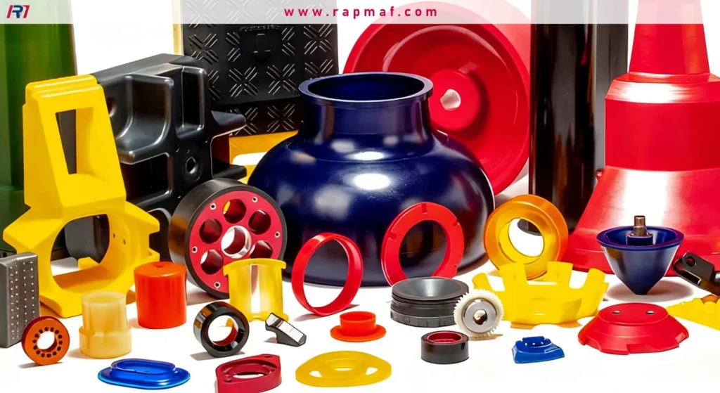 Showcase of brightly colored molded urethane products, highlighting the material's suitability for high-performance custom parts manufactured by Rapmaf.