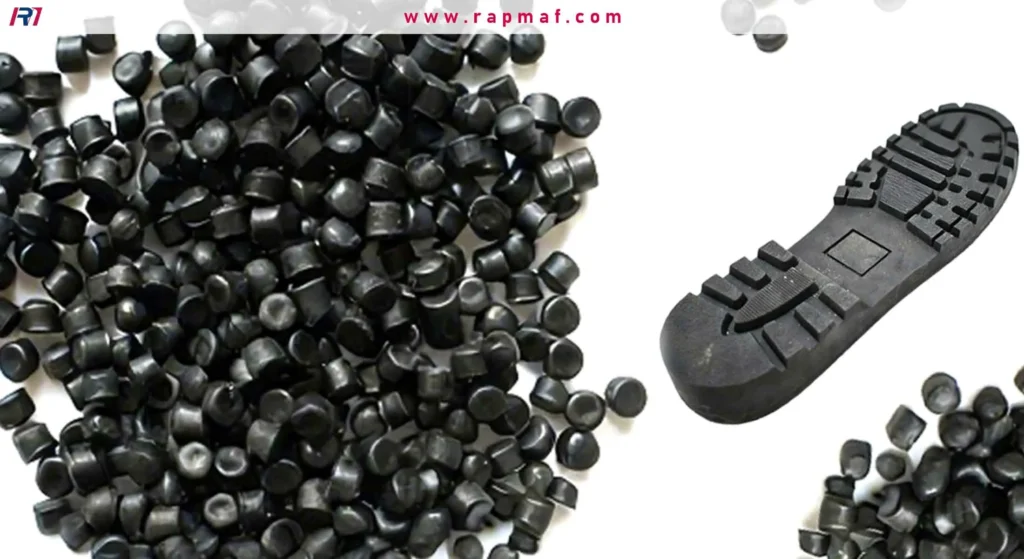 A composite image showing black Thermoplastic Elastomer (TPE) raw material pellets on the left and a finished product, a rugged black boot sole, on the right.