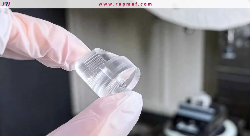 A gloved hand holding a small, clear, precision injection-molded part made of TPE, showcasing its intricate details and optical clarity.