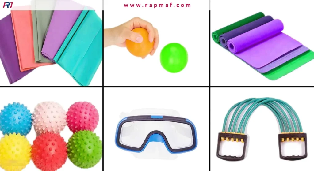 A collage of six images displaying various consumer products made from TPE, including resistance bands, yoga mats, spiky massage balls, a swim mask, and a chest expander. 