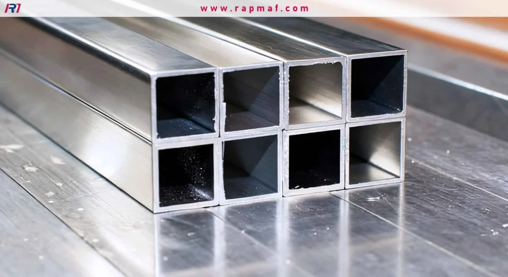Six pieces of hollow, square aluminum tubing are stacked neatly on a reflective metal surface, showcasing the material's brushed finish and precise profile.