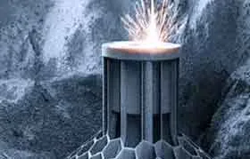 Um feixe de laser focalizado cria faíscas ao sinterizar ou derreter a camada superior de um componente impresso em 3D com uma base em formato de favo de mel, sobre um fundo rochoso semelhante à lua.
