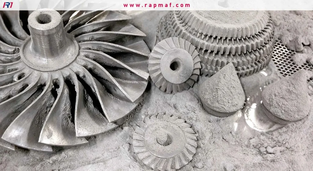 Several complex metal 3D printed parts, including an impeller and gears, sit in a bed of fine grey powder after the additive manufacturing process is complete.
