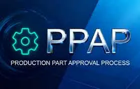 Um gráfico de título em fundo azul-escuro com a sigla "PPAP" em texto grande e metálico. Abaixo, lê-se "Processo de Aprovação de Peças de Produção" ao lado de um ícone de engrenagem.