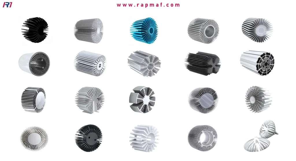 A collage showcasing a wide variety of approximately 20 different extruded aluminum heat sinks in various shapes, sizes, and colors, including round, rectangular, and custom-finned designs.