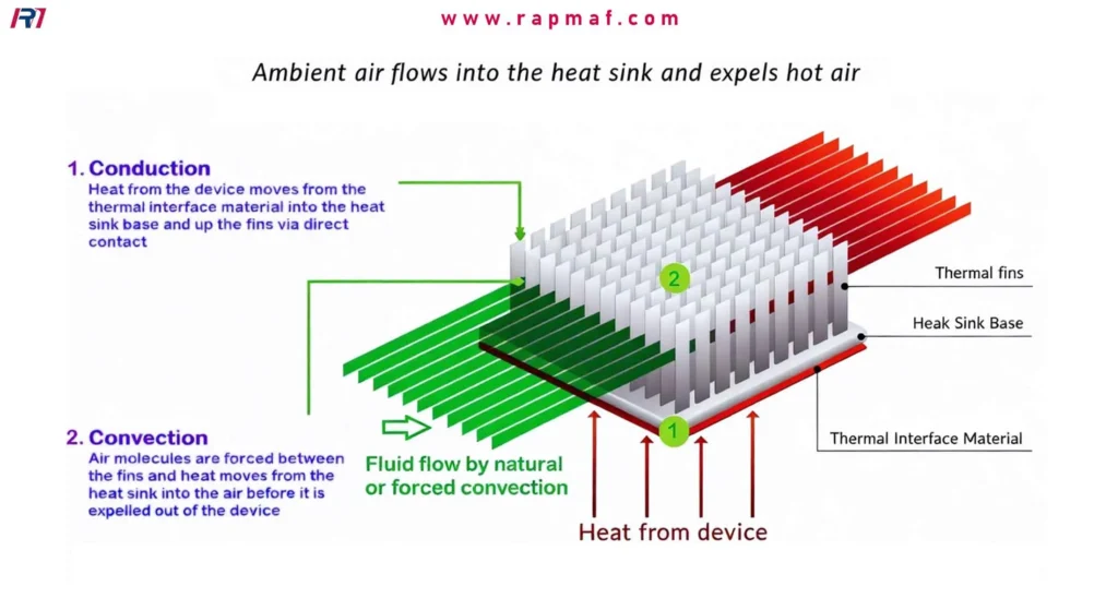 An infographic explaining how a heat sink works. It illustrates "Conduction," where heat moves from a device into the heat sink, and "Convection," where airflow removes the heat. Key parts like "Thermal fins" and "Heat Sink Base" are labeled.