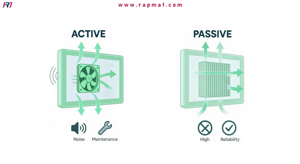 A diagram comparing active versus passive cooling. The "Active" side shows a fan, noting its drawbacks of noise and maintenance. The "Passive" side shows a heat sink, highlighting its high reliability.