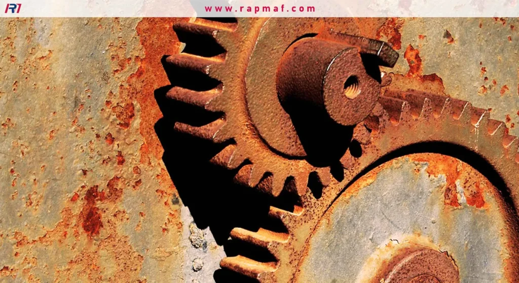 The heavily rusted teeth of two meshing metal gears against a corroded background, illustrating the destructive effect of oxidation on machinery.