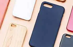 A collection of stylish, custom-made smartphone cases available for wholesale, showcasing different materials like plastic, silicone, and wood.