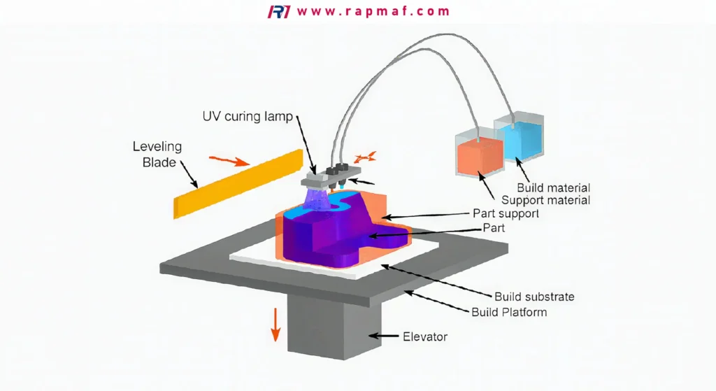 A diagram illustrating the Material Jetting process, where a print head selectively deposits and cures liquid photopolymer droplets to create a high-resolution 3D part, with labels for the UV lamp, leveling blade, and material reservoirs.