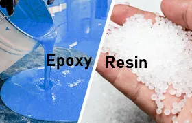 Uma imagem que contrasta um sistema epóxi termoendurecível líquido sendo vertido com grânulos de resina termoplástica sólida em uma mão, definindo visualmente a diferença entre um produto específico (epóxi) e uma categoria geral de material (resina).
