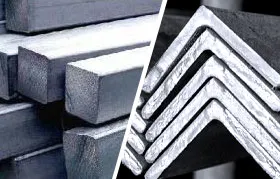 Uma imagem em tela dividida contrastando duas formas comuns de aço: barras quadradas maciças, geralmente feitas de aço carbono, e cantoneiras estruturais de ferro, que podem ser de aço-liga, ambas usadas como matéria-prima para usinagem e fabricação.