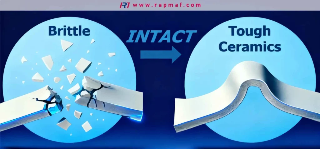 A graphic comparing the mechanical failure of a brittle ceramic, which fractures, to the plastic deformation of a modern tough ceramic, which remains intact under stress.