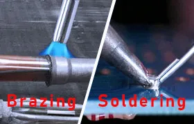 Uma comparação visual de dois processos de união: brasagem, representada por um maçarico de alta temperatura aquecendo uma junta mecânica de tubos, e soldagem, representada por um ferro de soldar de baixa temperatura fazendo uma conexão elétrica em uma placa de circuito impresso.