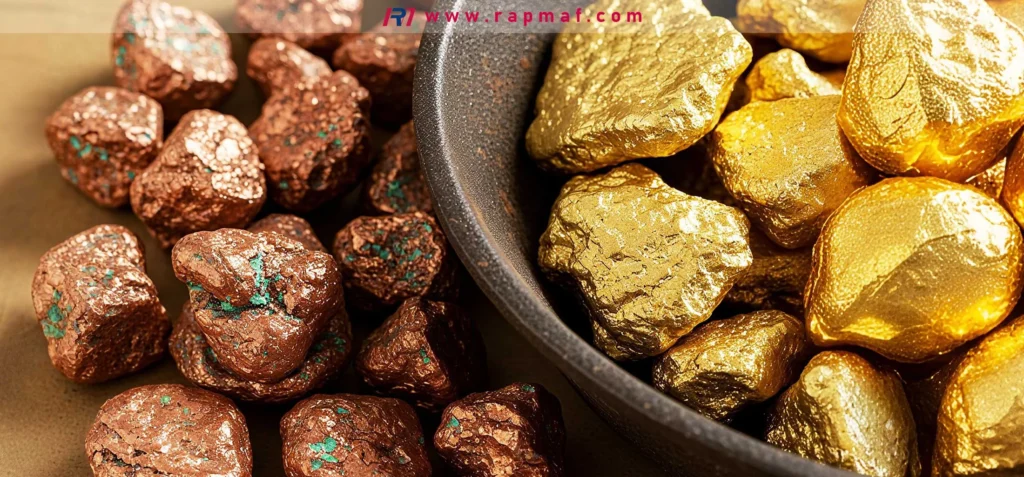 A close-up shot of raw minerals: reddish-brown copper ore chunks and lustrous gold nuggets in a pan, illustrating the natural form of these metals before refining and manufacturing.