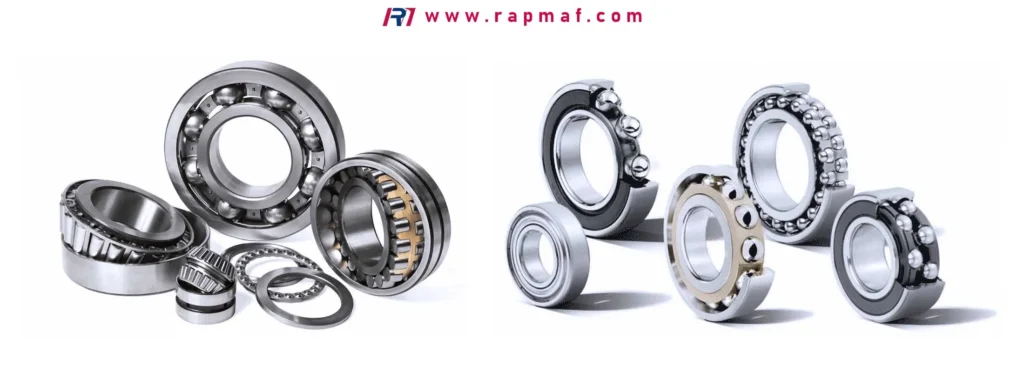 A high-quality studio photograph displaying a wide assortment of different types of rolling-element bearings, arranged to show their variety in size, design, and complexity.