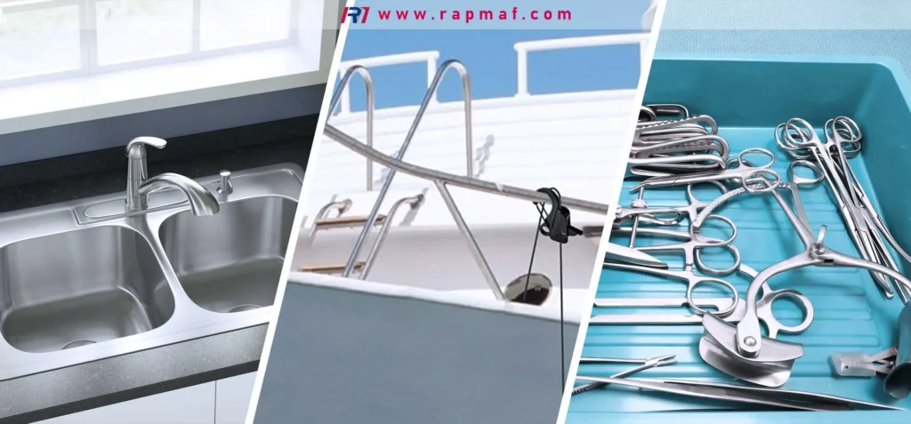 A three-panel image showcasing typical uses of stainless steel: a double-basin kitchen sink, a ladder on a boat exposed to water, and a set of sterilized medical and surgical tools in a tray.