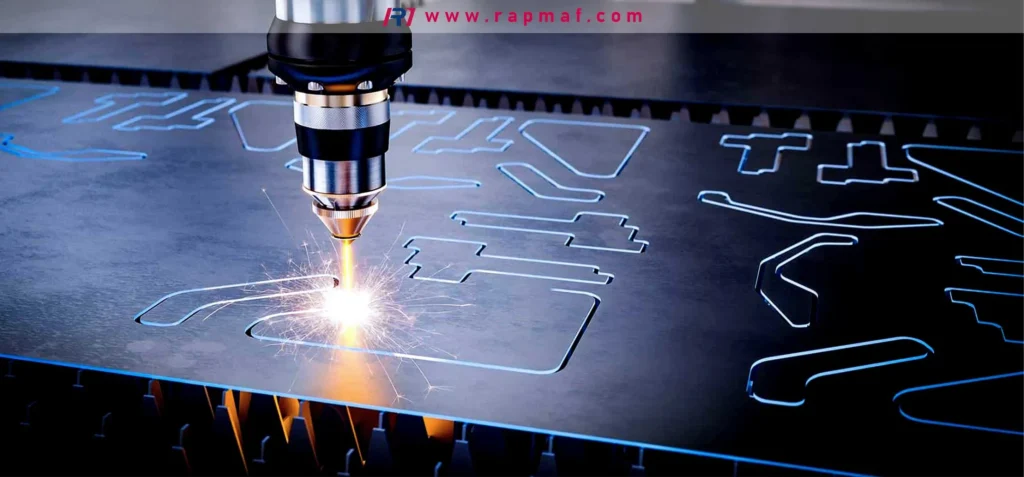 A fiber laser cutting head following a programmed toolpath to create detailed, custom shapes from a metal plate. The focused beam creates a minimal heat-affected zone, resulting in a superior quality cut with sharp corners.