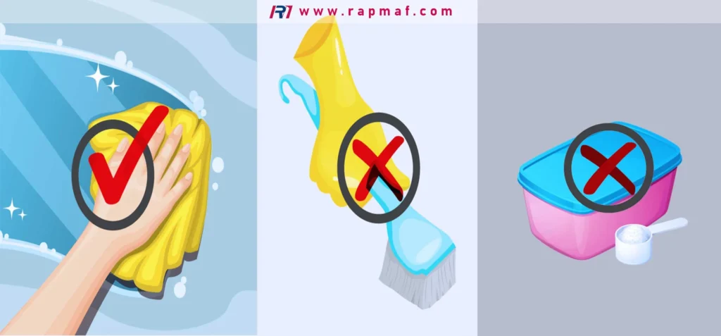 A visual guide to polycarbonate care, warning against its sensitivity to abrasion and harsh chemicals. The graphic approves of a soft cloth for cleaning while prohibiting the use of abrasive tools like brushes and corrosive detergents, which can cause surface damage.