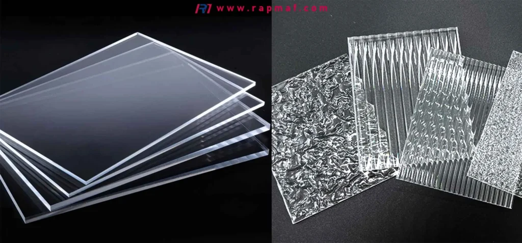 A split-screen image by Rapmaf illustrating the difference between standard optically clear PMMA sheets and various specialty textured acrylic sheets used for decorative or privacy applications.