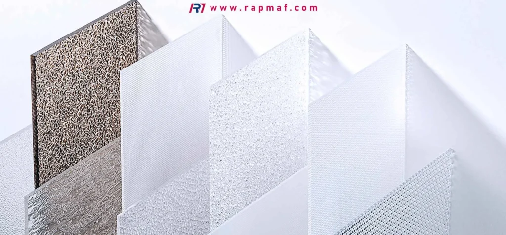 An assortment of clear and translucent acrylic sheets featuring various decorative and privacy textures, such as stippled and ribbed patterns, available for custom projects from Rapmaf.