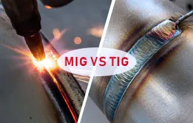 A visual contrast between MIG and TIG welding: one side shows the raw, high-energy process of MIG welding with spatter, while the other side shows a perfect, multi-colored TIG weld bead, known for its quality and precision.