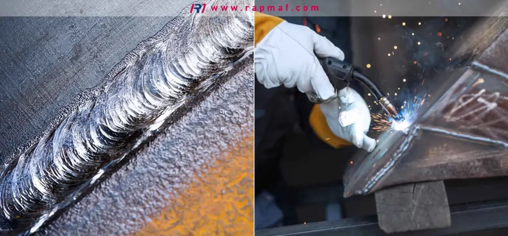 A split-screen image showing the Gas Metal Arc Welding (GMAW) process in action on a corner joint, and the resulting high-quality fillet weld bead, demonstrating the fusion of metal in a fabrication process.