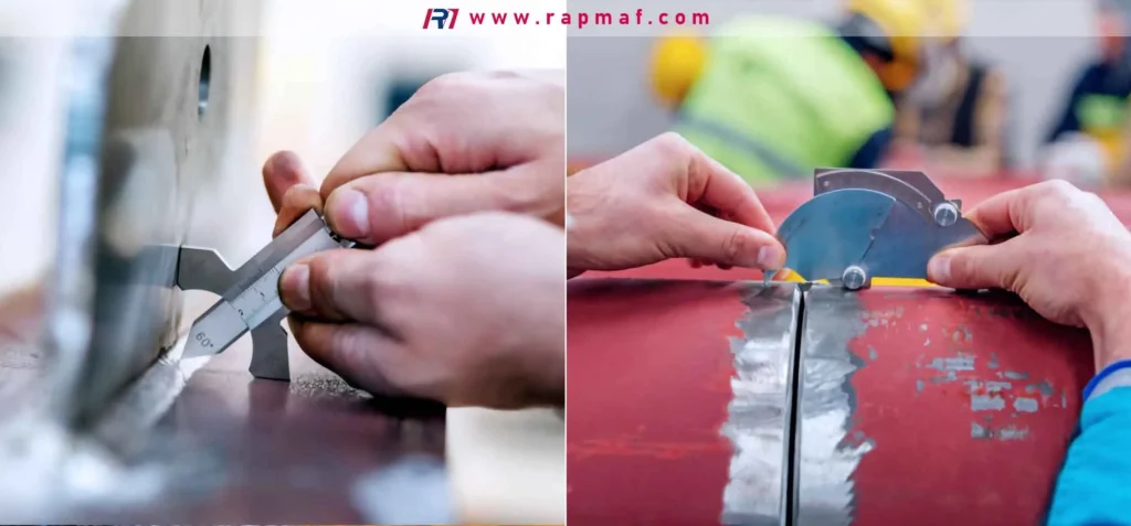 Two examples of non-destructive weld inspection. One image shows a weld being measured with a precision gauge on a flat plate, while the other shows a weld inspection tool being used on a painted pipe, a critical step in quality assurance for fabricated parts.