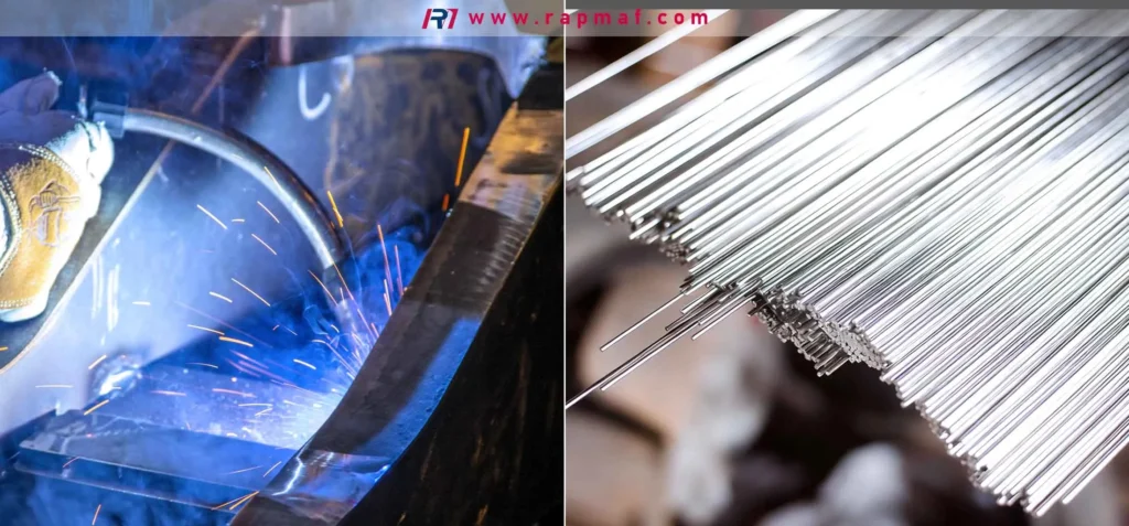A split-screen image contrasting the Gas Tungsten Arc Welding (GTAW/TIG) process being applied to a fabrication project with a macro shot of the aluminum or stainless steel filler metal rods used to create the weld joint.
