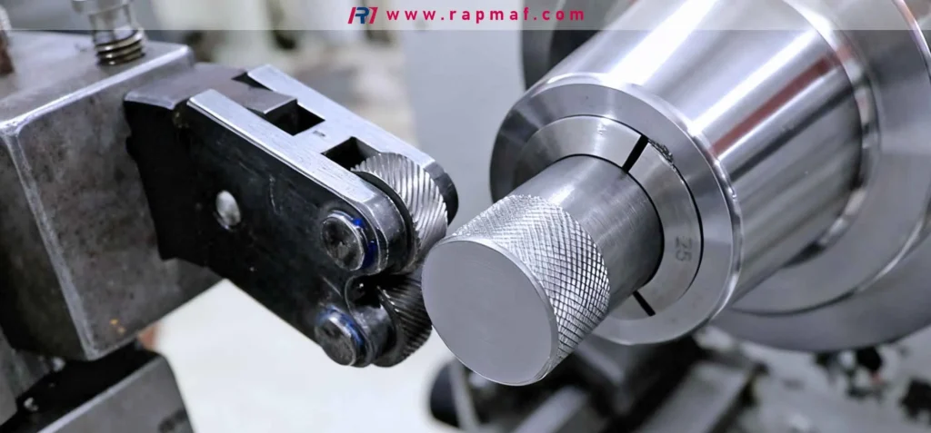 The process of form knurling, where a dual-wheel knurling tool displaces material on a cylindrical workpiece to create a raised diamond pattern without cutting chips, resulting in a clean, strong finish.