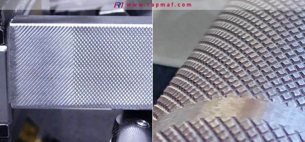 A visual comparison of two common knurling finishes: a fine, sharp diamond knurl pattern on the left, and a coarser, deeper angled knurl on the right, both designed to provide a secure tactile grip on machined components.
