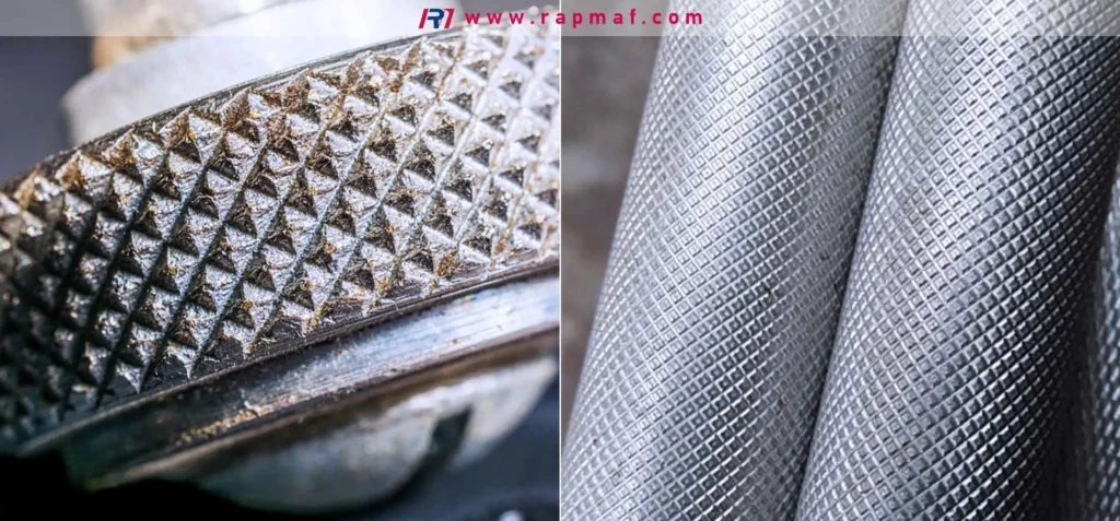 A comparison of knurling textures for different functional requirements: on the left, a very coarse-pitch diamond knurl for a high-torque grip, and on the right, a fine-pitch diamond knurl for a secure but comfortable grip on cylindrical handles.