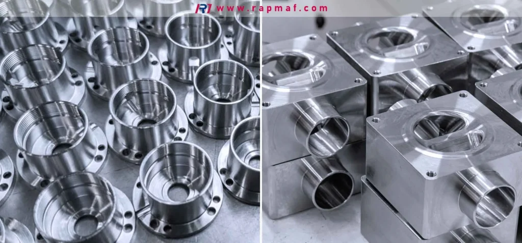 Examples of complex components manufactured from aluminum or stainless steel by Rapmaf, ideal for applications where rust and corrosion are not an option, highlighting the importance of material selection in engineering.