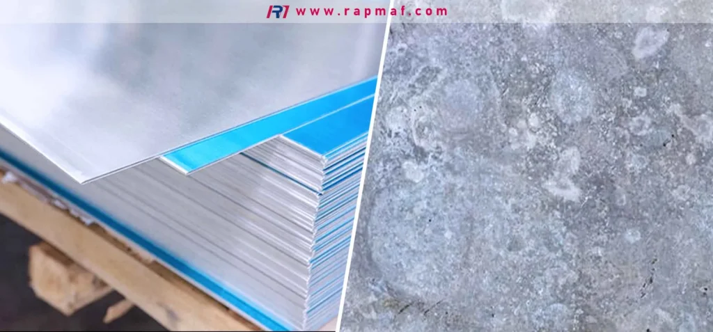 A comparison of raw aluminum stock versus its oxidized state. On the left, new aluminum sheets ready for fabrication. On the right, the result of atmospheric exposure: a thin, stable, and protective layer of aluminum oxide (Al2O3), which prevents further corrosion.
