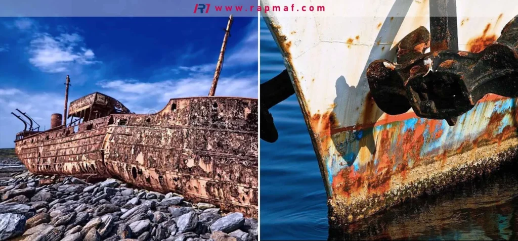 Visual examples of severe ferrous metal corrosion. The image contrasts a beached, decaying shipwreck with a close-up of rust on a ship's hull to demonstrate how iron oxide (rust) flakes away and compromises structural integrity.
