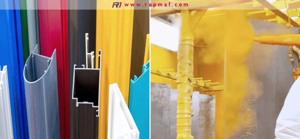 An illustration of aluminum's versatility and protection. The left panel displays finished aluminum profiles in various colors, while the right panel shows an automated spray gun applying a powder coat, a common method for enhancing aluminum's natural corrosion resistance.