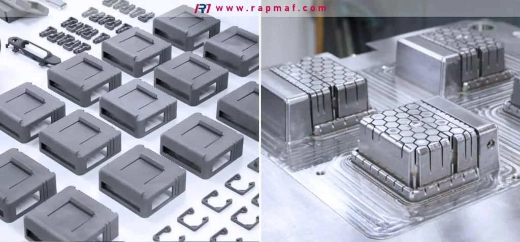An illustration of high-volume manufacturing via injection molding. Left: An array of identical, dimensionally accurate plastic components. Right: The corresponding high-precision, multi-cavity mold core, engineered for rapid and repeatable production cycles.