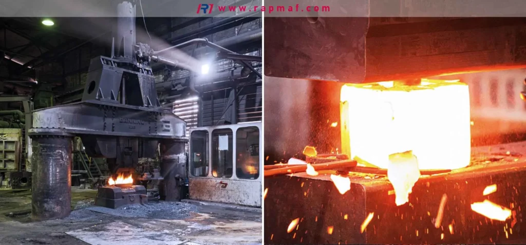 El proceso de forja a matriz abierta a escala industrial. Izquierda: una gran prensa hidráulica de forja domina la planta de una fundición. Derecha: el pistón de la prensa aplica miles de toneladas de fuerza a un lingote caliente, dándole forma mediante deformación plástica controlada.